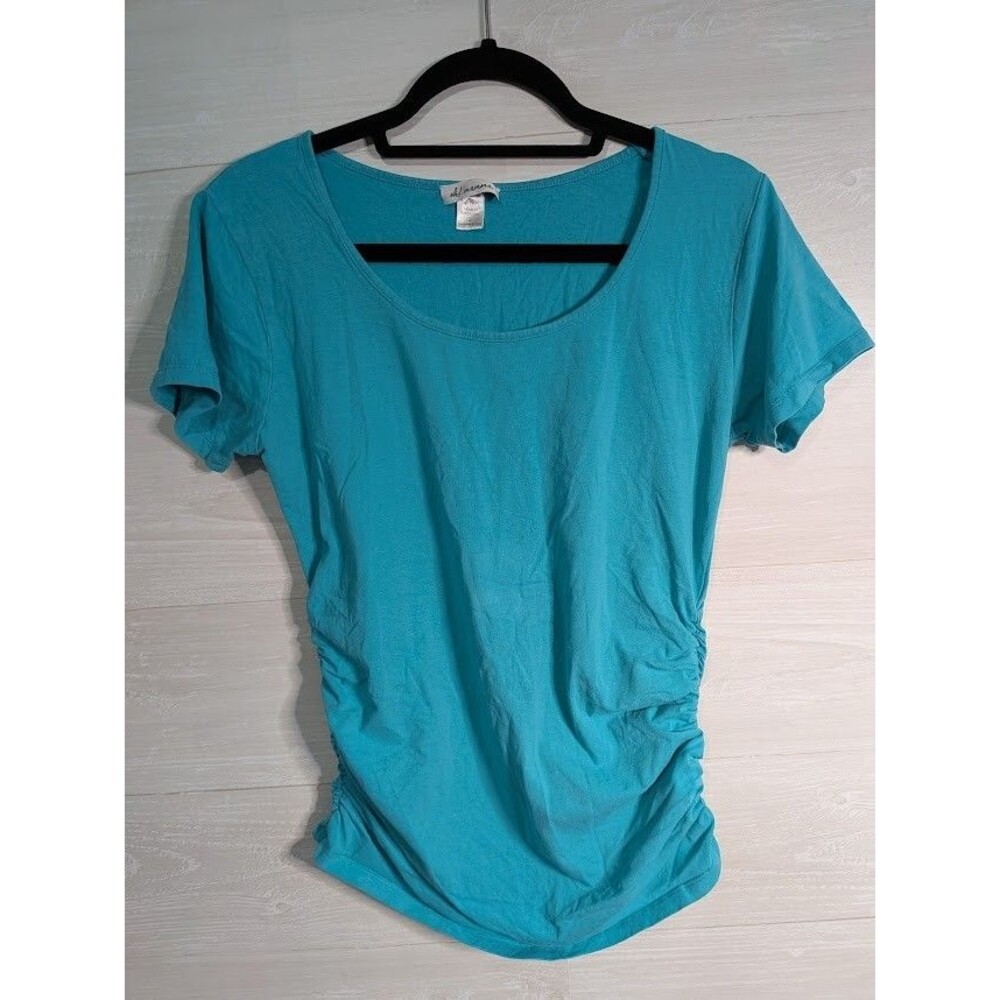 OH! MAMMA Maternity Large Teal Blue Short Sleeve Scoop Neck Top Side Ruched